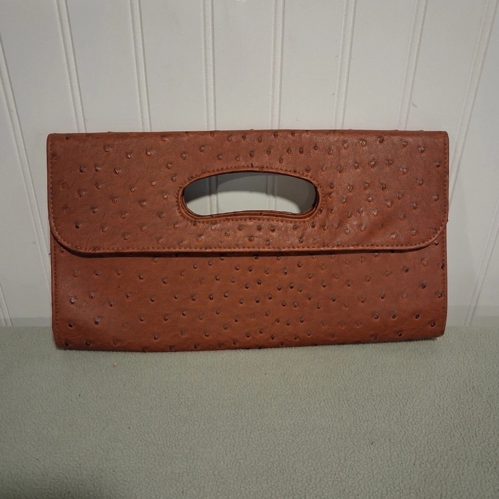 Cato Ostrich Embossed Brown Clutch Purse Cutout Handle Foldover Envelope Bag